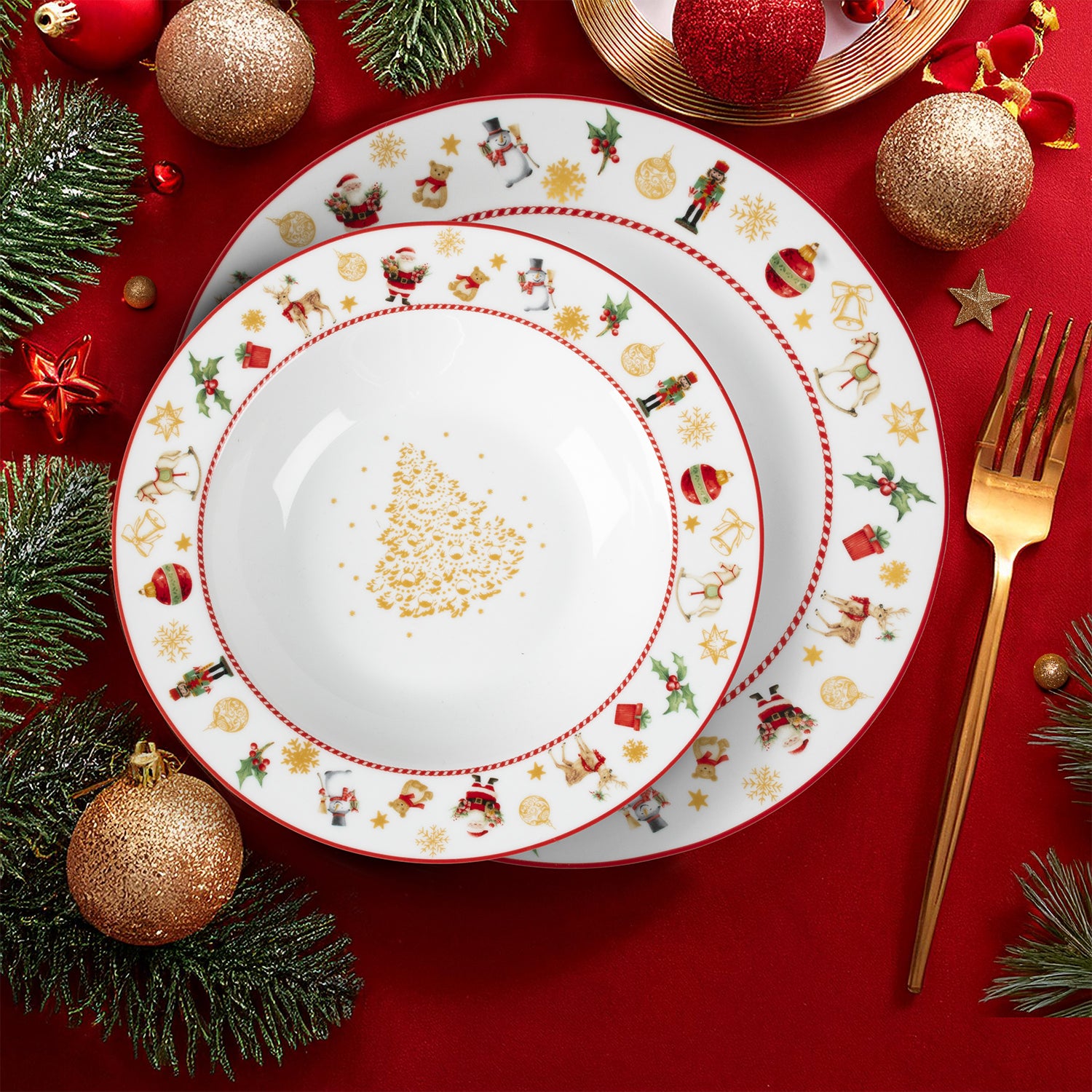 VESTIAMO CASA GRAN NATALE - Servizio di piatti Joyful Noel in Porcellana - set 18 pezzi